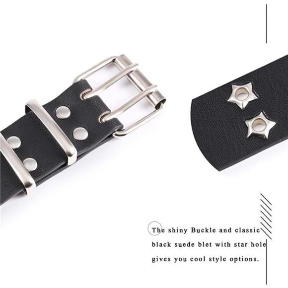 Yalice Double Grommet Leather Belts Star Studded Belt for Jeans Pants Punk Waist main image 5